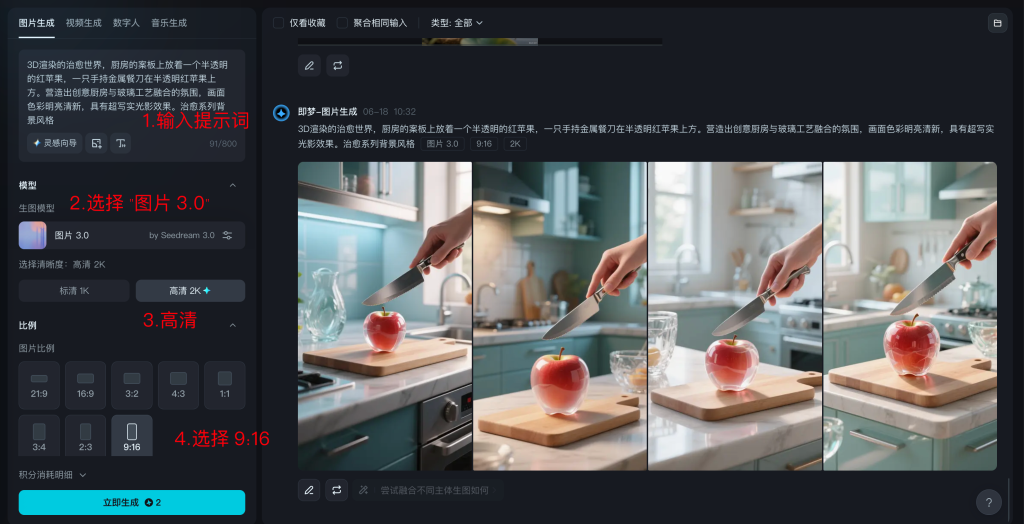 即梦AI生成切玻璃水果步骤
